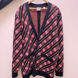 Burberry Plaid Merino Wool Blend Cardigan Red Black Bias Plaid (L)